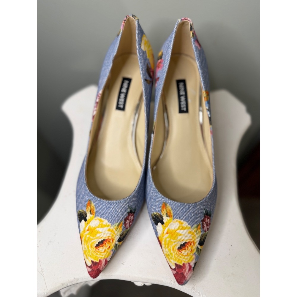 Nine West Floral Denim Pointed Toe Pumps Light Blue Yellow Stiletto Heels 6.5M - Picture 6 of 7